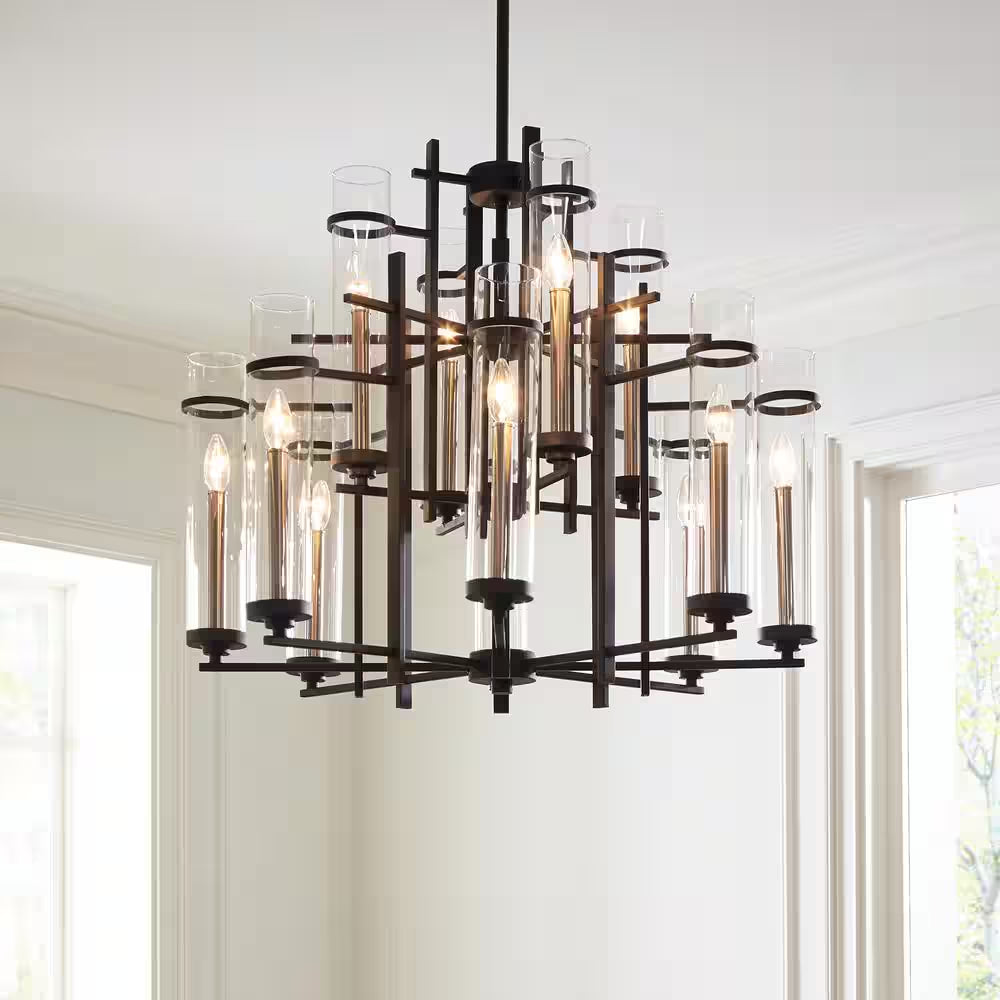Ethan 12-Light Antique Forged Iron/Brushed Steel Contemporary Industrial Multi-Tier Hanging Candlestick Chandelier