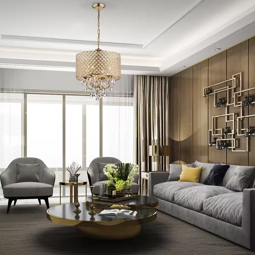 Marya 4-Light Modern Gold round Chandelier with Beaded Drum Shade /Hanging Clear Glass Crystals