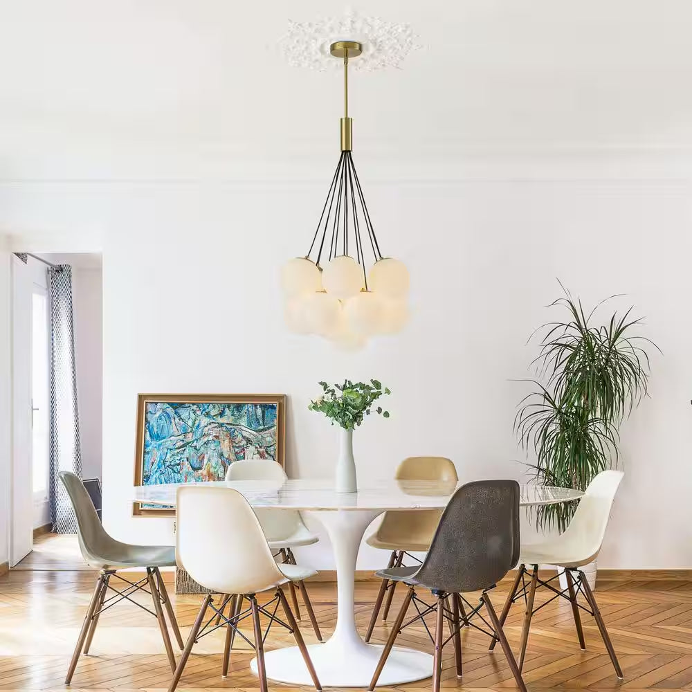 Galaxy Modern Globefoyer Chandelier 13-Light 19.7 In. W Antique Brass Cluster Bubble Chandelier with Opal Glass Shade