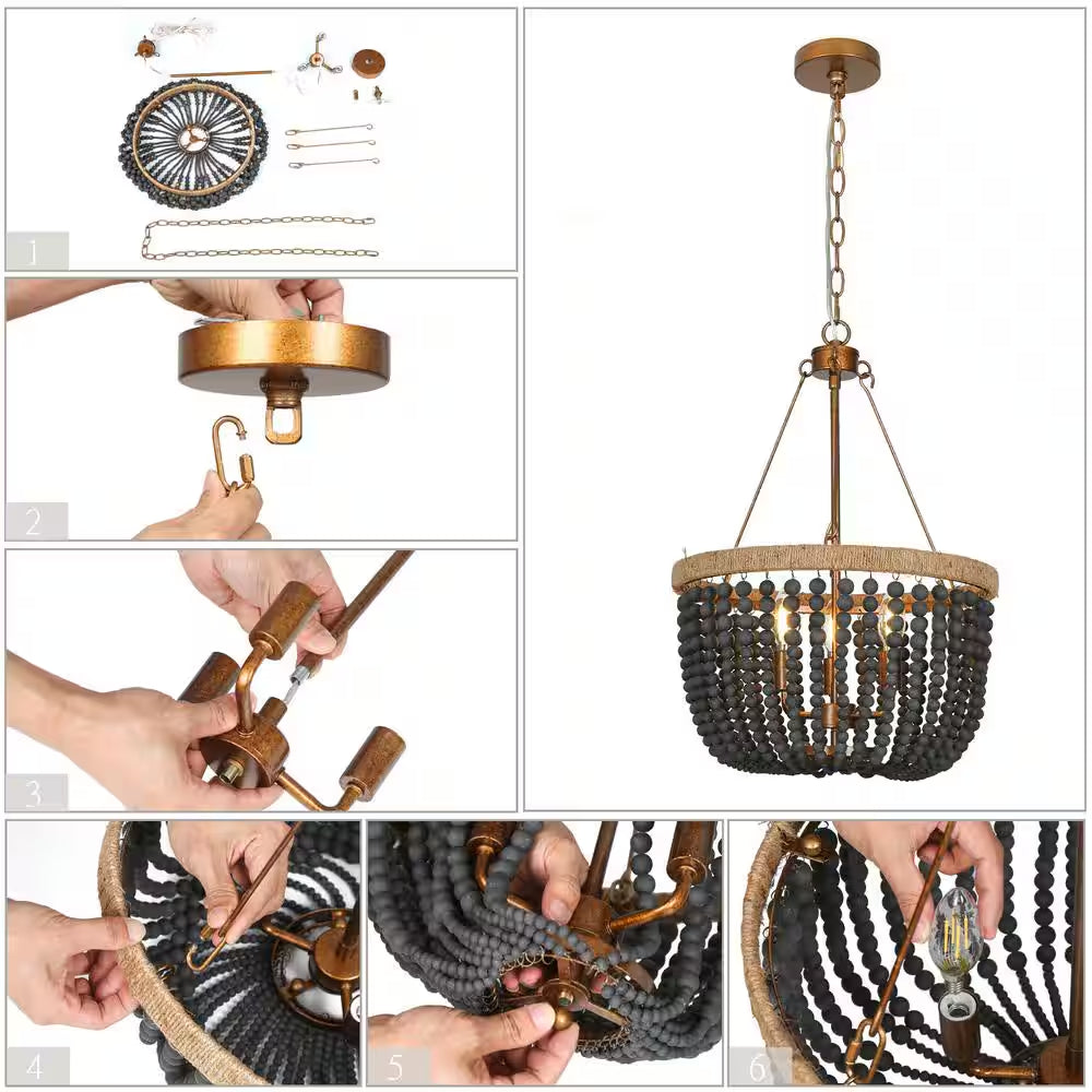Modern Farmhouse Empire Drum Beaded Chandelier Light, 3-Light Gold Transitional Boho Chandelier with Black Wood Beads