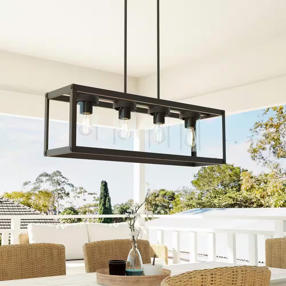 4-Light Matte Black Outdoor Linear Chandelier with Clear Glass Shades