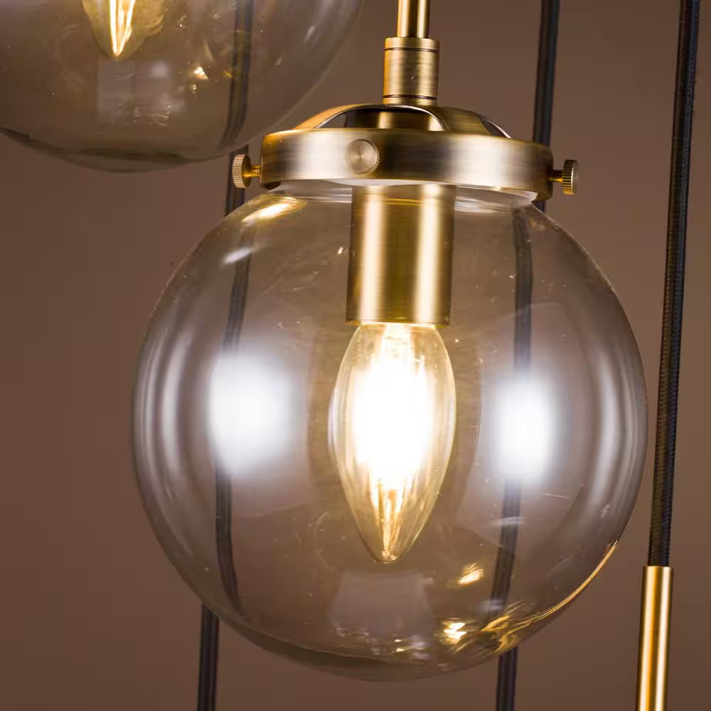 5-Light Modern Antique Gold Staircase Chandelier Clear Globe Bubble Glass Foyer Pendant