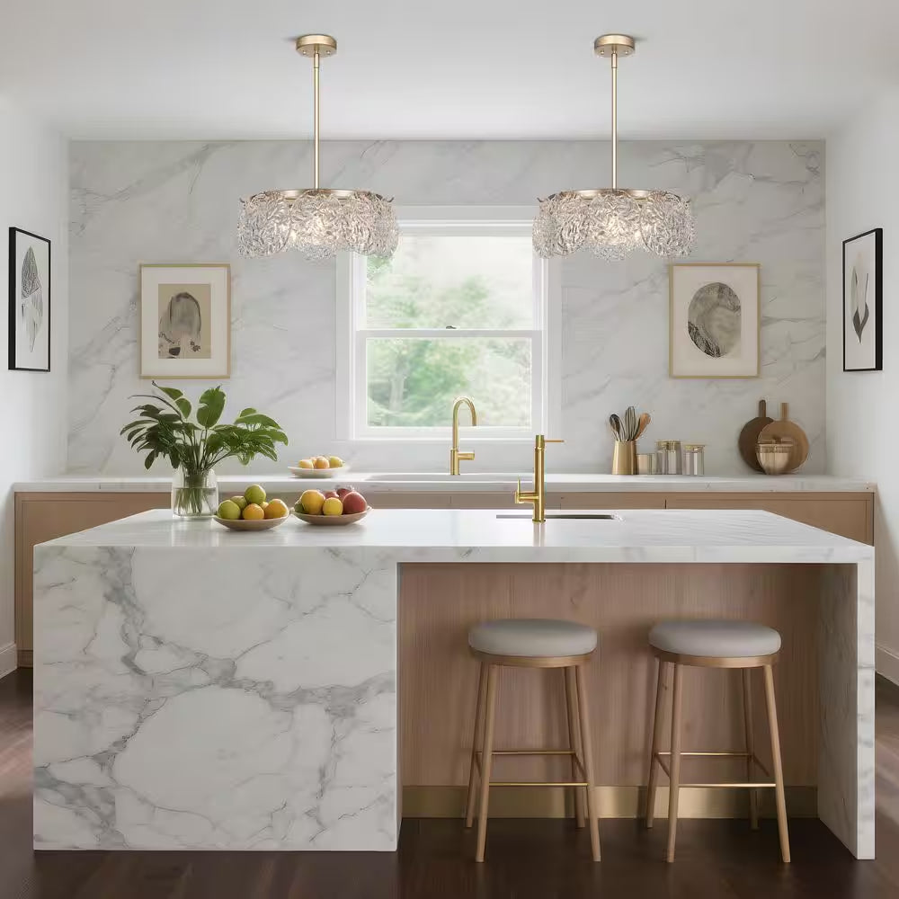 Wavelet 5-Light Dark Gold round Chandelier Lighting, Mid-Century Modern Pendant Light with Water Ripple Glass Shade