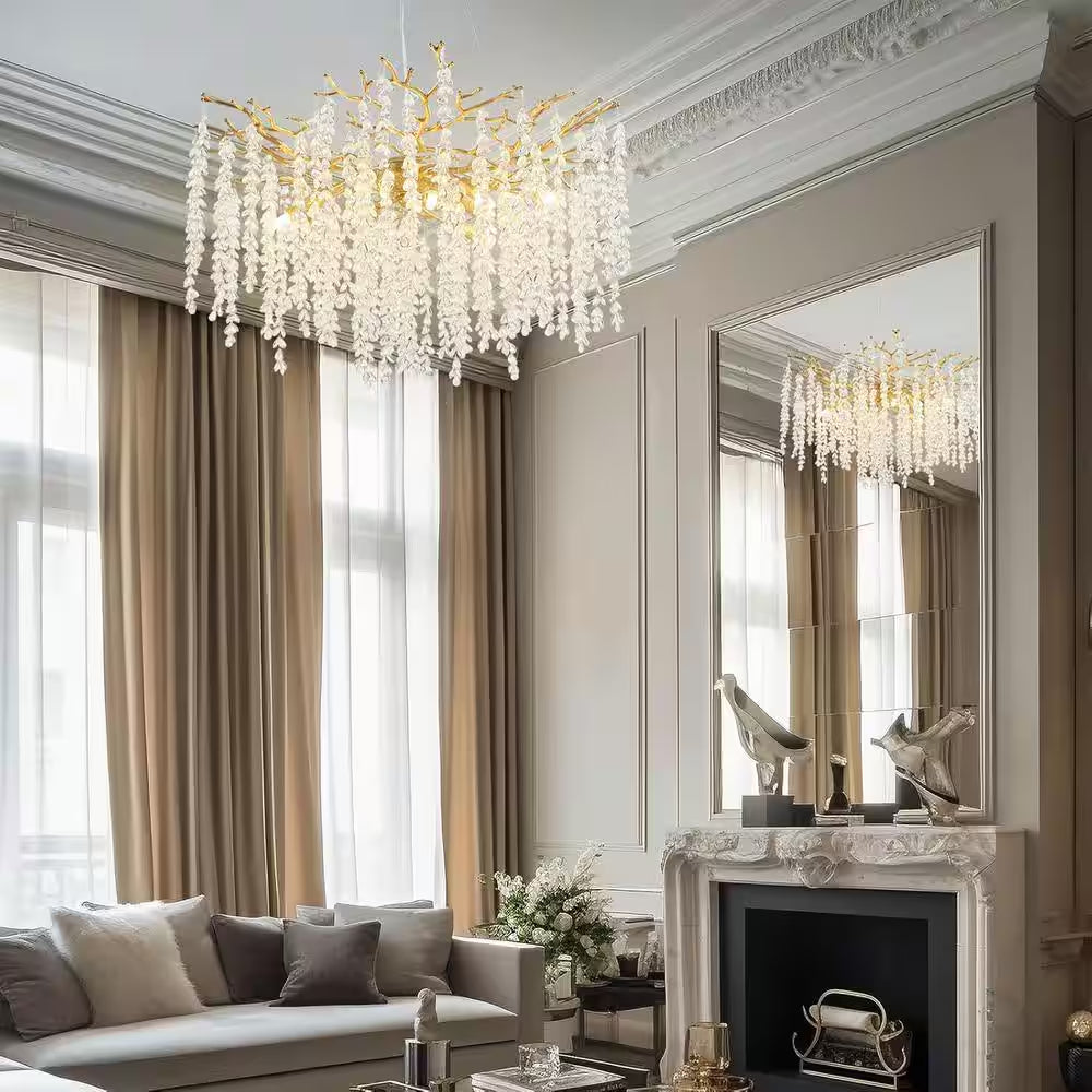 24" 8-Light Modern Crystal Chandelier, Gold Tree Branch round Chandelier for Dining Room, Living Room, Bedroom, Entryway