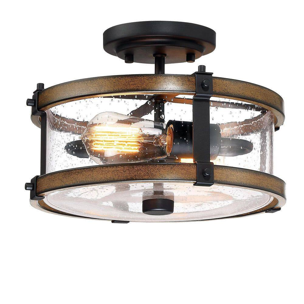 1-Light Vintage Black Brown Farmhouse Rustic Chandelier with Clear Seeded Glass Shade