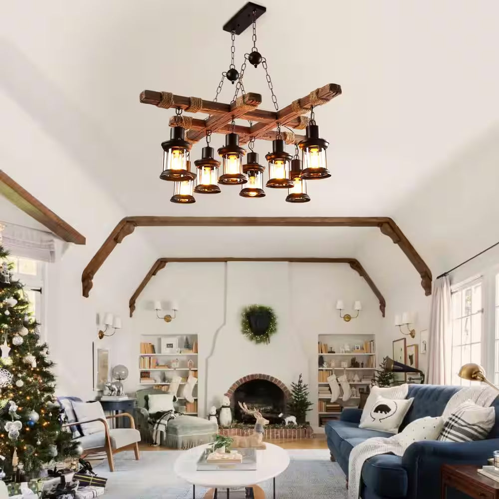 39 In. 8-Light Vintage Industrial Brown Wooden Farmhouse Chandelier