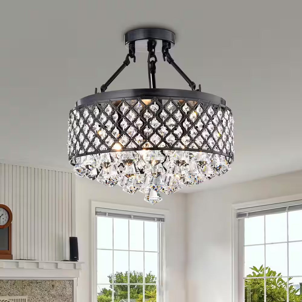 Alyvia 4-Light Antique Black Glam Semi-Flush Mount Ceiling Light with Beaded Crystal Drum Shade