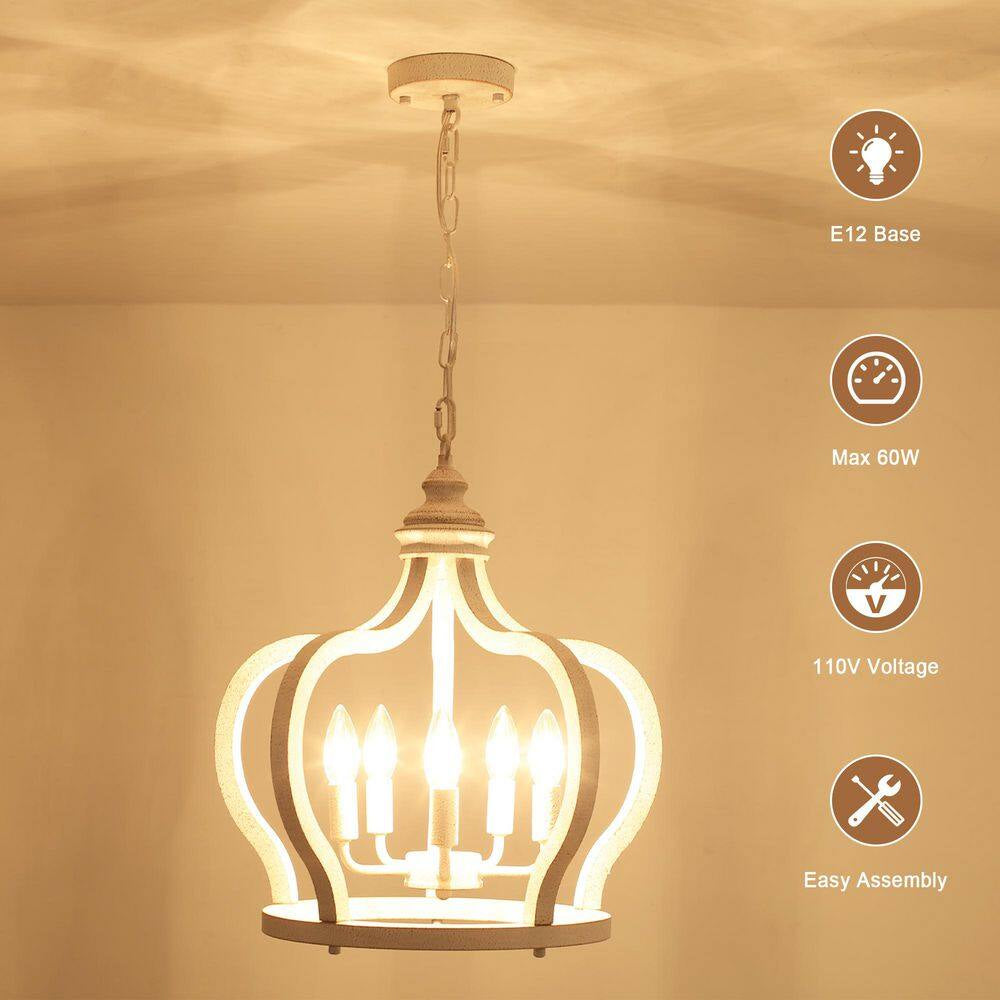 5-Light Vintage White Cottage Chic Crown Chandelier Farmhouse Wooden Pendant