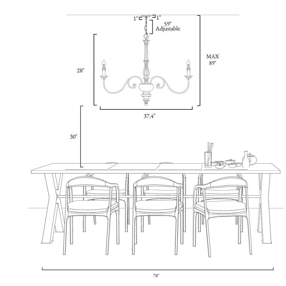 37 In. W Wood Candlestick Chandelier 6-Light Distressed White Farmhouse Chandelier Living Room with French Country Flair