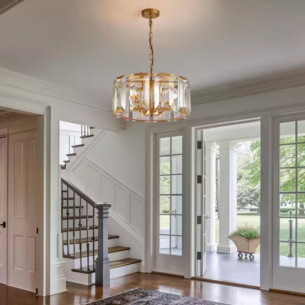 19.7 In. 5-Light Gold Crystal Drum Chandelier Modern Pendant Light for Dining Room, Living Room, Kitchen