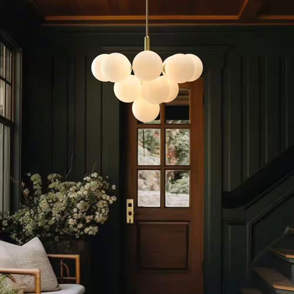 13-Light Brass Mid Century Modern Bubble Globe Chandelier Cluster Pendant Lighting Fixture with Milk White Glass Shade
