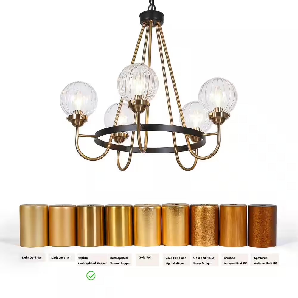 5-Light Brass Chandelier Lighting, Sputnik Pendant Lights for Kitchen Island, Modern Black Chandelier with round Glasses