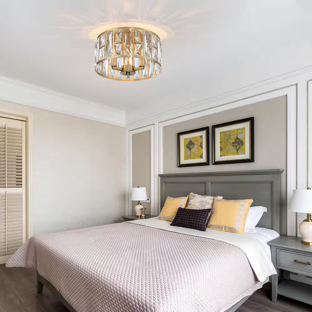 12 In. 3-Light round Modern Gold Drum Flush Mount Ceiling Light with Clear Crystal Shade