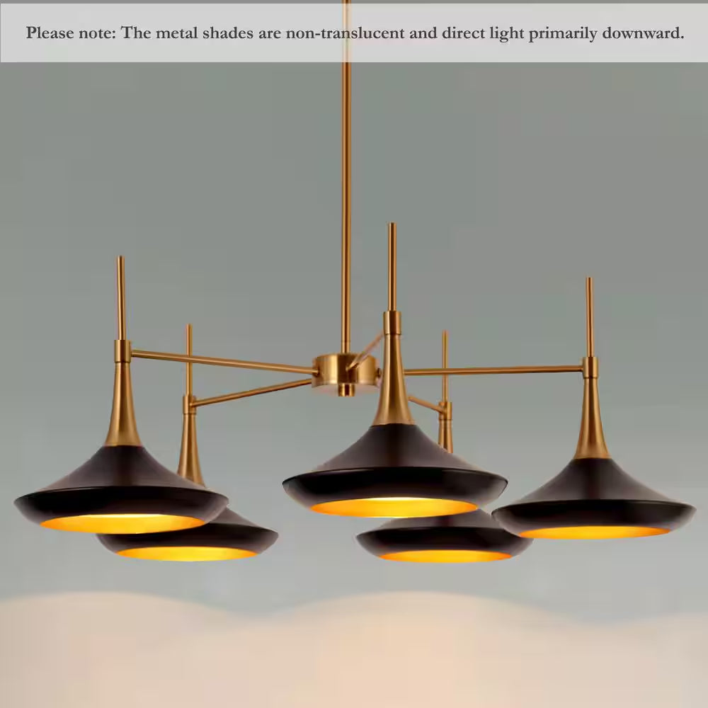 Contemporary Black Mid Century Chandelier with Metal Barn Shades Plating Brass/Gold Accent 5-Light Modern Large Pendant