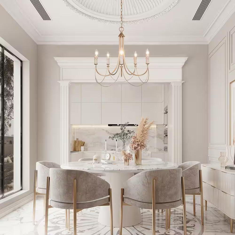 Modern Satin Gold French Country Farmhouse 5-Light Chandelier Vintage Candlestick High Ceiling Light