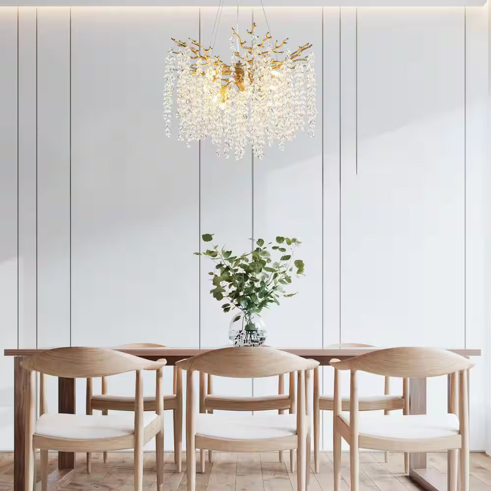 24" 8-Light Modern Crystal Chandelier, Gold Tree Branch round Chandelier for Dining Room, Living Room, Bedroom, Entryway