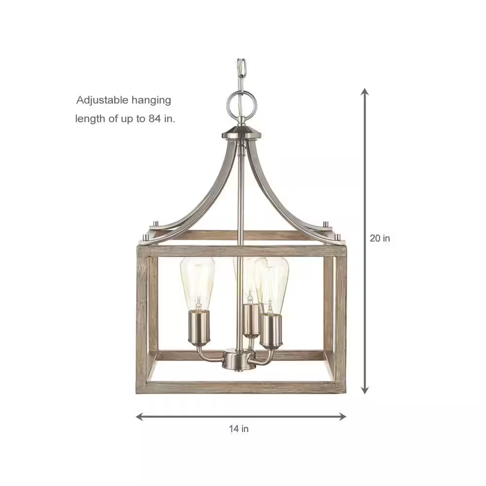 Boswell Quarter 14 In. 3-Light Brushed Nickel Farmhouse Square Chandelier with Painted Weathered Gray Wood Accents