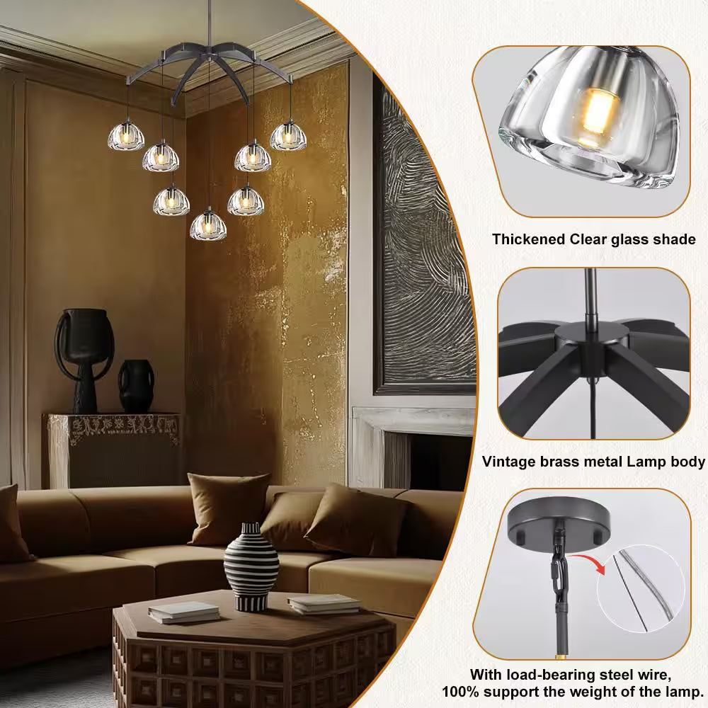 7 Light Hemisphere round Chandelier, 34 In. Black Dining Room Chandelier,Staircase Bedroom Chandelier, Modern Chandelier