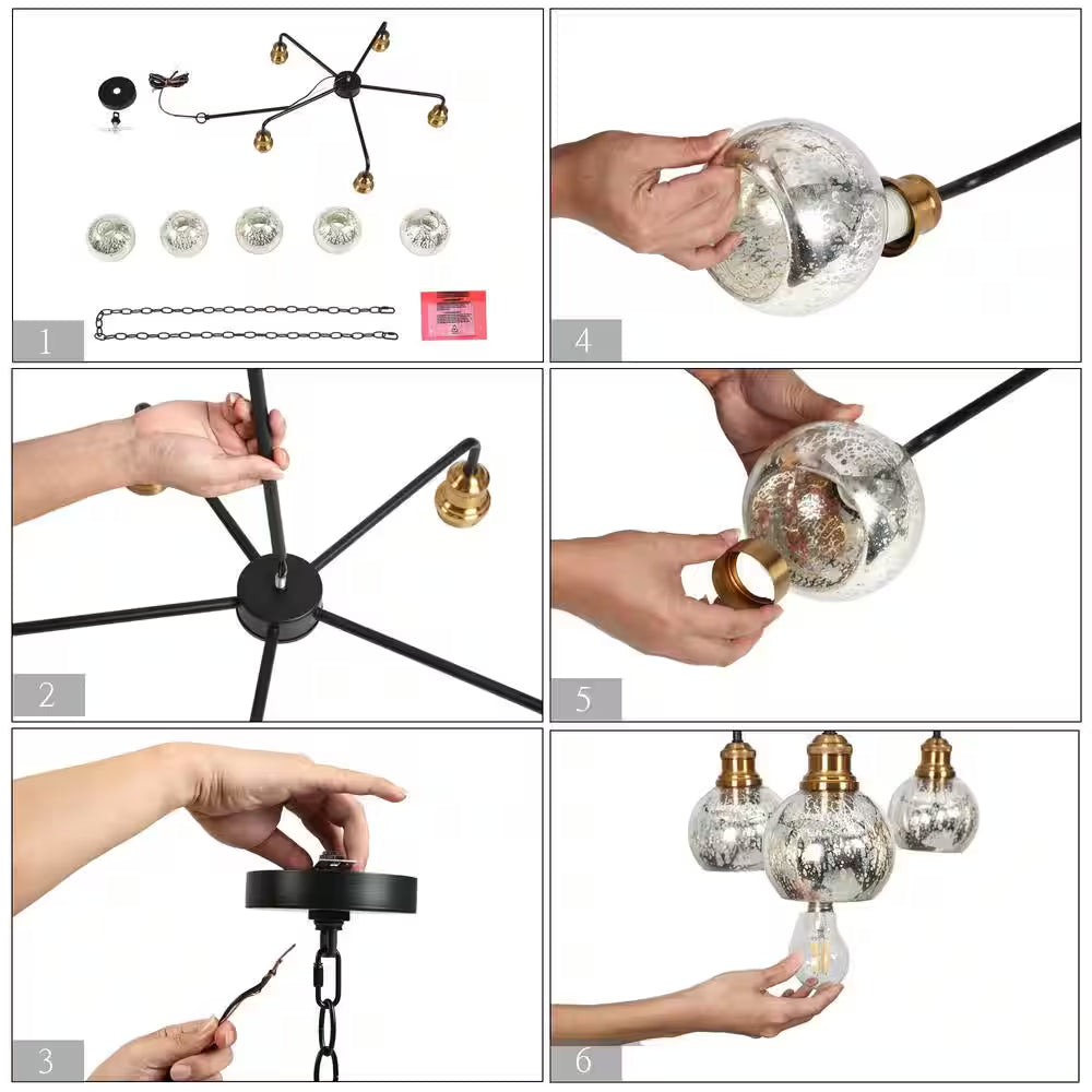 Transitional Dining Room Candlestick Chandelier 5-Light Black and Brass Chandelier with Mercury Glass Shades