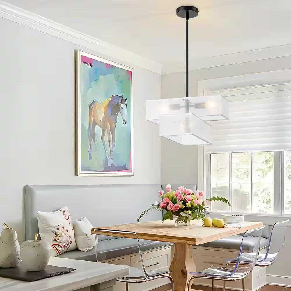 4-Light Modern Farmhouse White Fabric Drum Chandelier for Kitchen Island with No Bulbs Included
