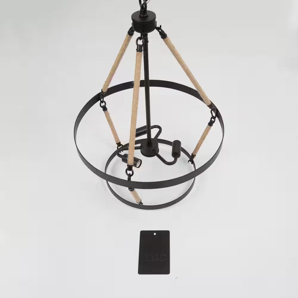 Black Chandelier Drum Candlestick 3-Light Industrial Farmhouse Island Cage Hanging Pendant Light with Ropes