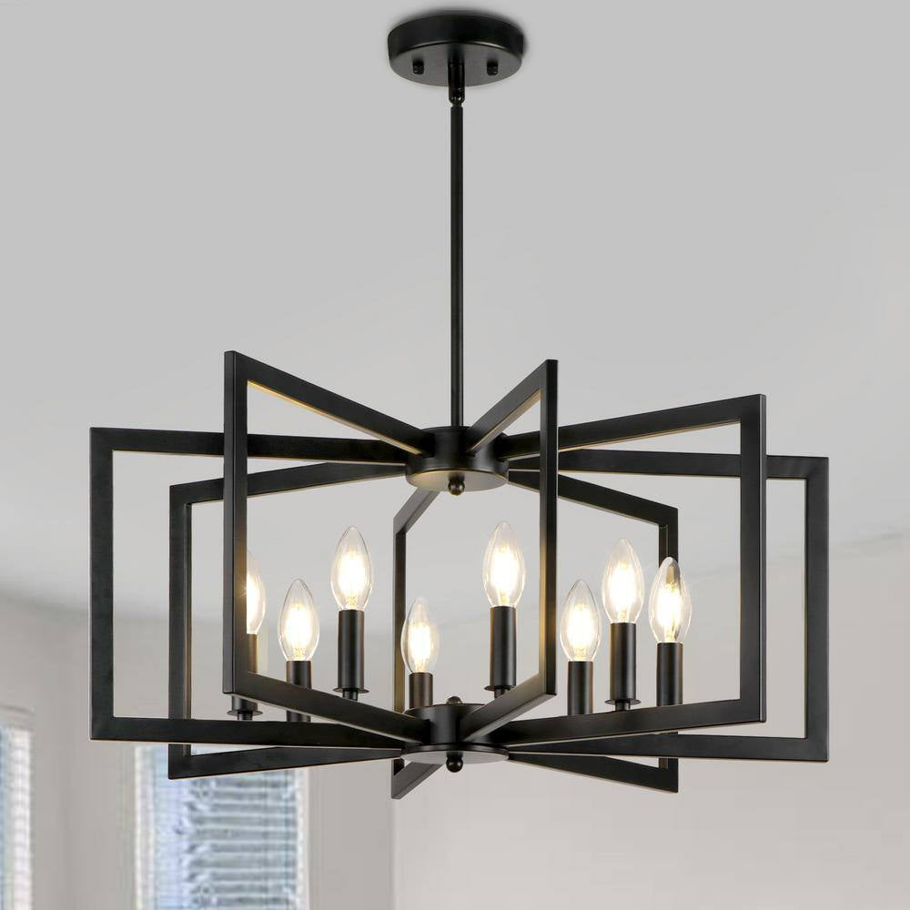 25.59 In. 8-Light Black Modern Geometric Hanging Metal Chandeliers for Dining Room Kitchen Foyer Living Room Bedroom
