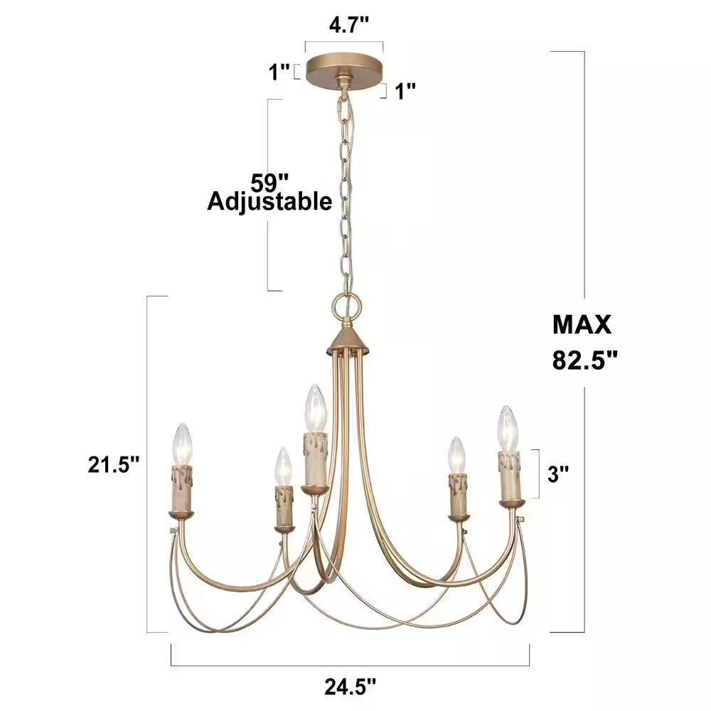 Modern Satin Gold French Country Farmhouse 5-Light Chandelier Vintage Candlestick High Ceiling Light