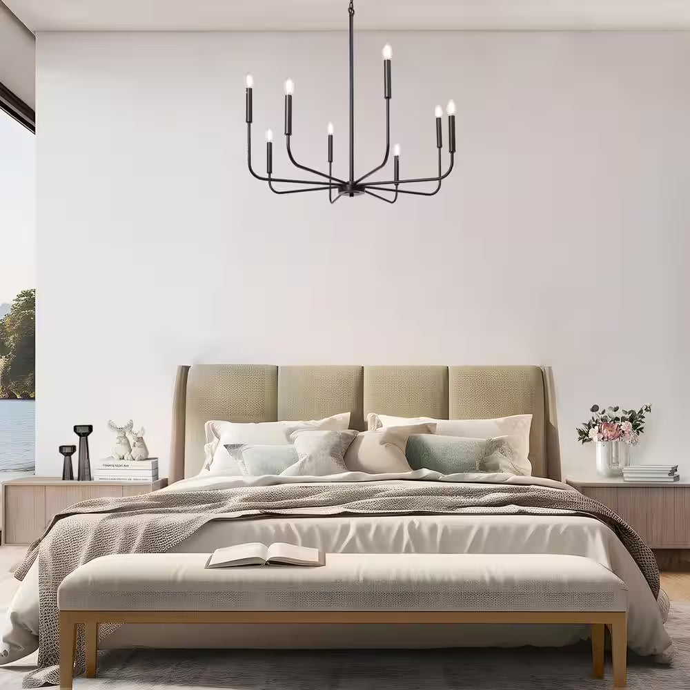 Industrial 31.5 In. 8-Light Black Candlestick Chandelier for Living Room Dining Room Modern Cottage Large Ceiling Light