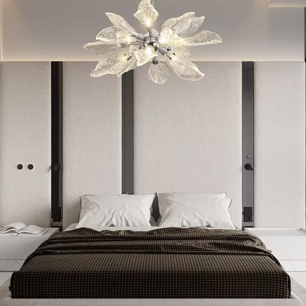 D31.5 In. 18-Light Silver Modern Chandelier, Crystal Leaf Chandelier for Bedroom, Dining Room, Living Room, Foyer