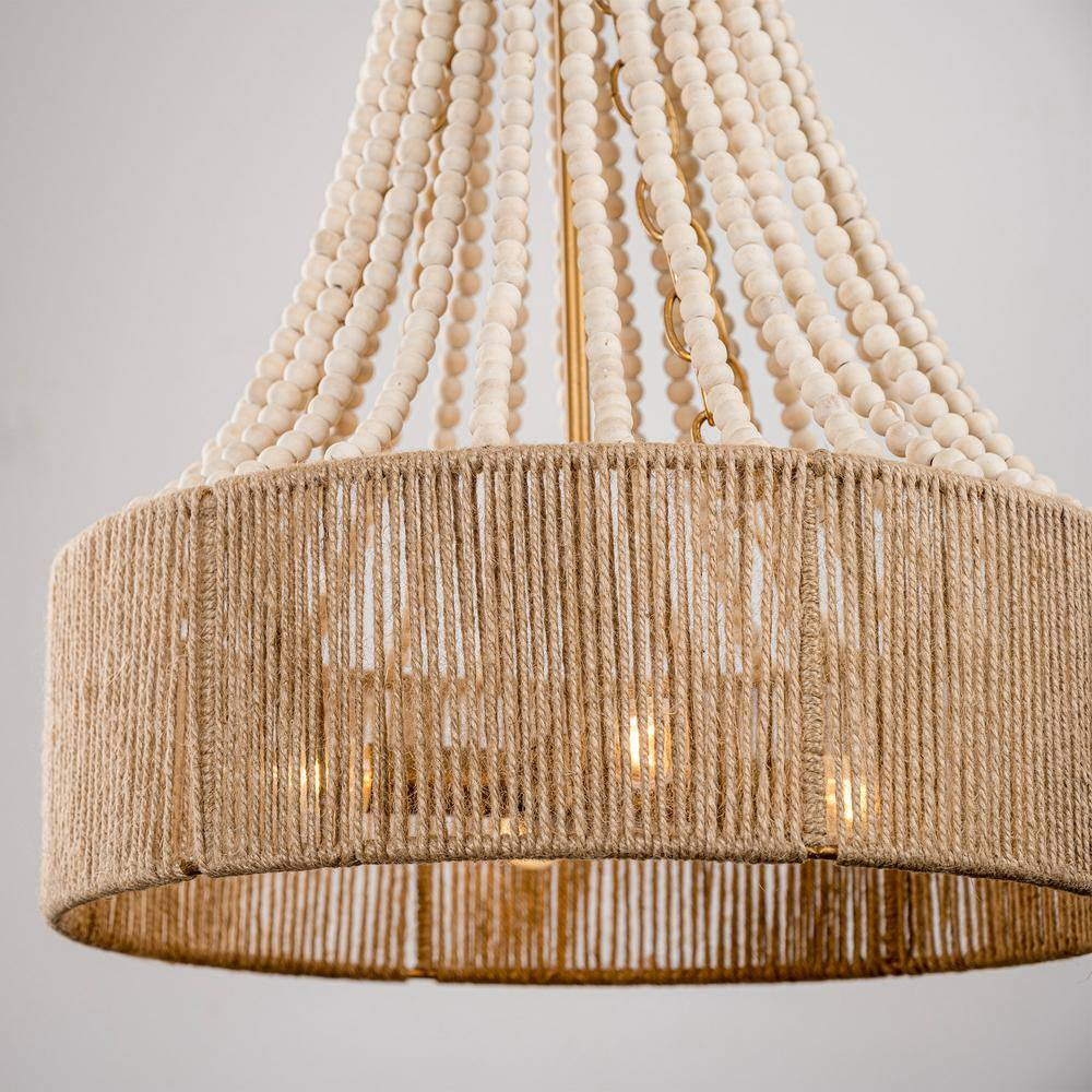 Farmhouse 17.7 In. 4-Light Antique Gold Empire Wood Beaded Chandelier with Jute Rope Shade