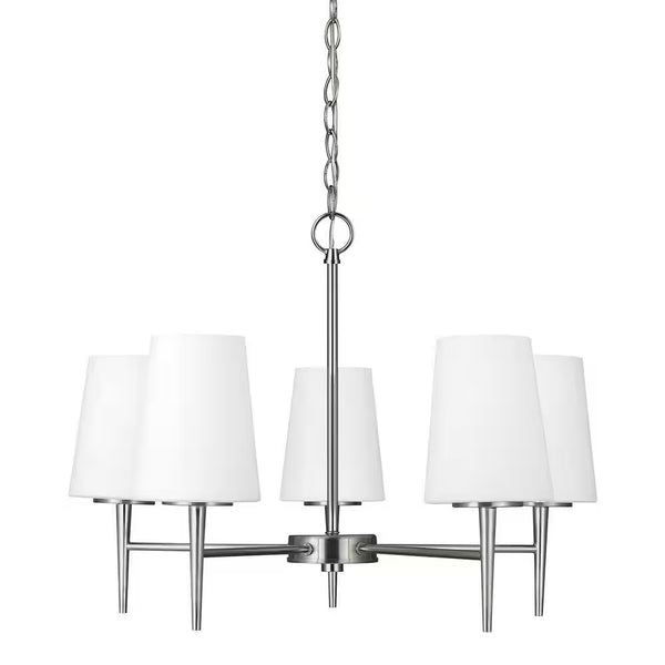 Driscoll 5-Light Brushed Nickel Mid-Century Modern Hanging Chandelier with inside White Painted Etched Glass