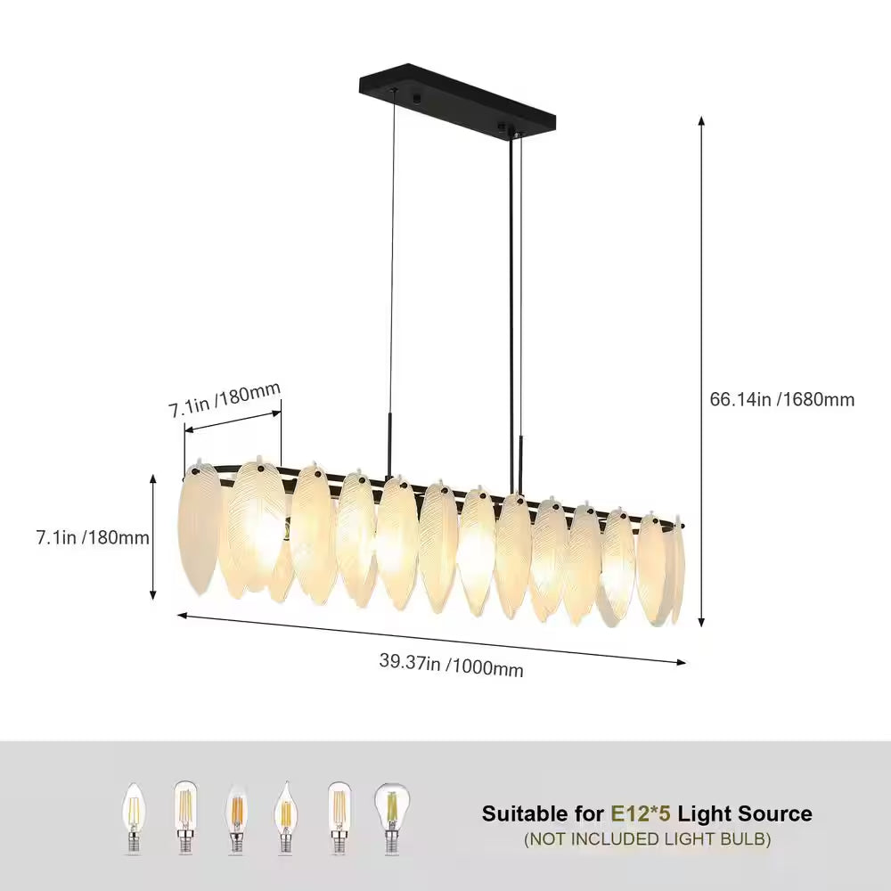 5-Light Black and Frosted Glass Leaf Linear Chandelier for Kitchen Island Dining Bedroom Living Room Foyer