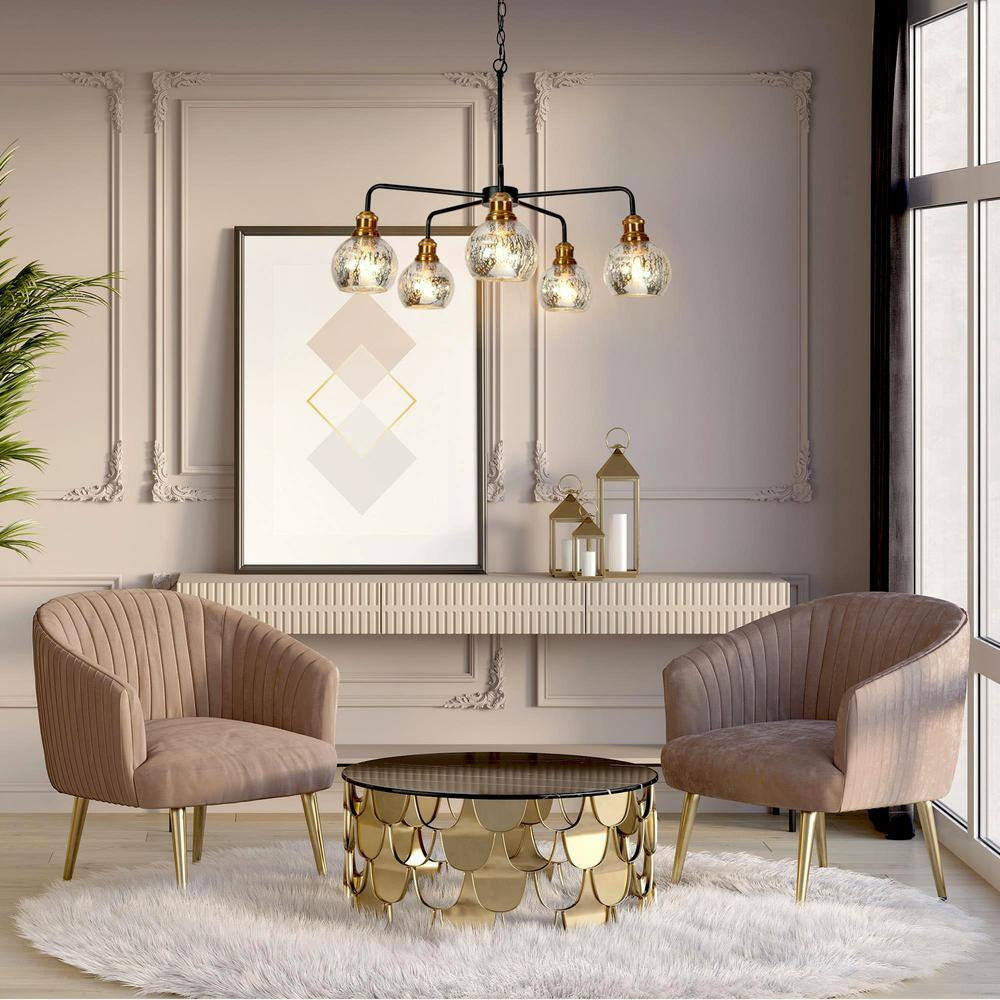 Transitional Dining Room Candlestick Chandelier 5-Light Black and Brass Chandelier with Mercury Glass Shades