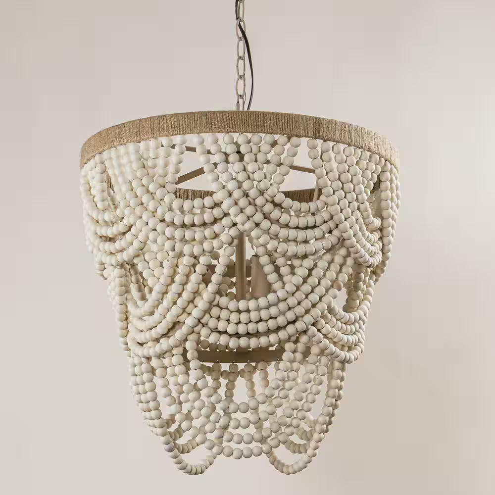 Hatfield 4-Light Bohemia Style Natural Wood Beaded Tiered Chandelier with Rope Accents
