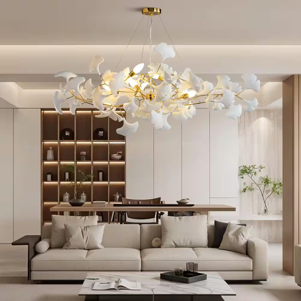 6-Light Gold Chandelier, Luxury Ginkgo Branch Chandelier for Living Room, Dining Room, Foyer, Kitchen Island-L 47 In.