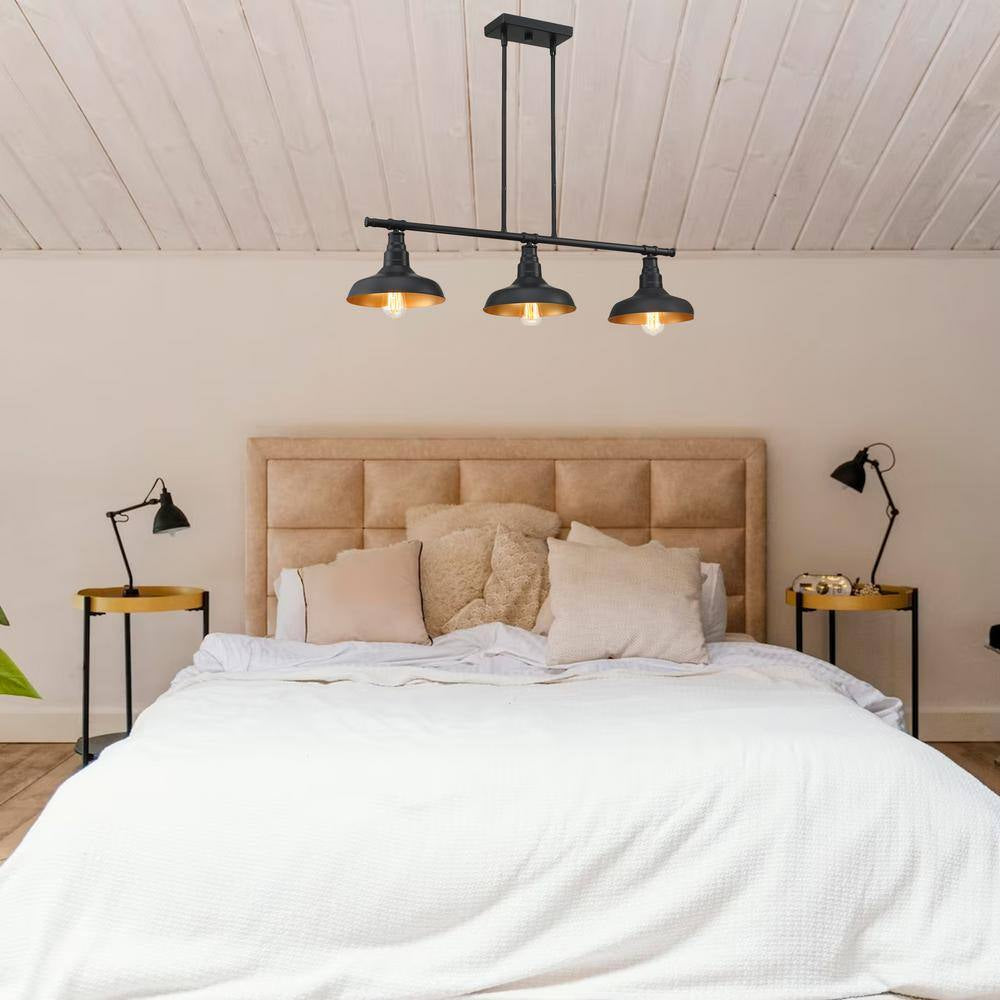 3-Light Black Industrial Island Chandelier with Metal Shade