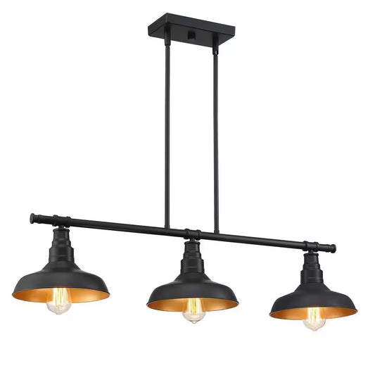 3-Light Black Industrial Island Chandelier with Metal Shade