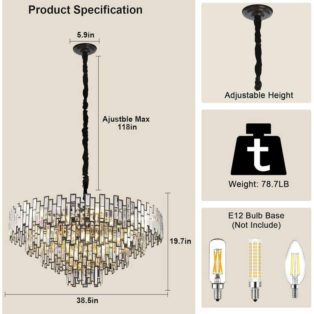38.5 In. Modern Chandelier 26-Light 5-Tier Black round K9 Crystal Chandelier for Dining Room Living Room Entryway, Foyer