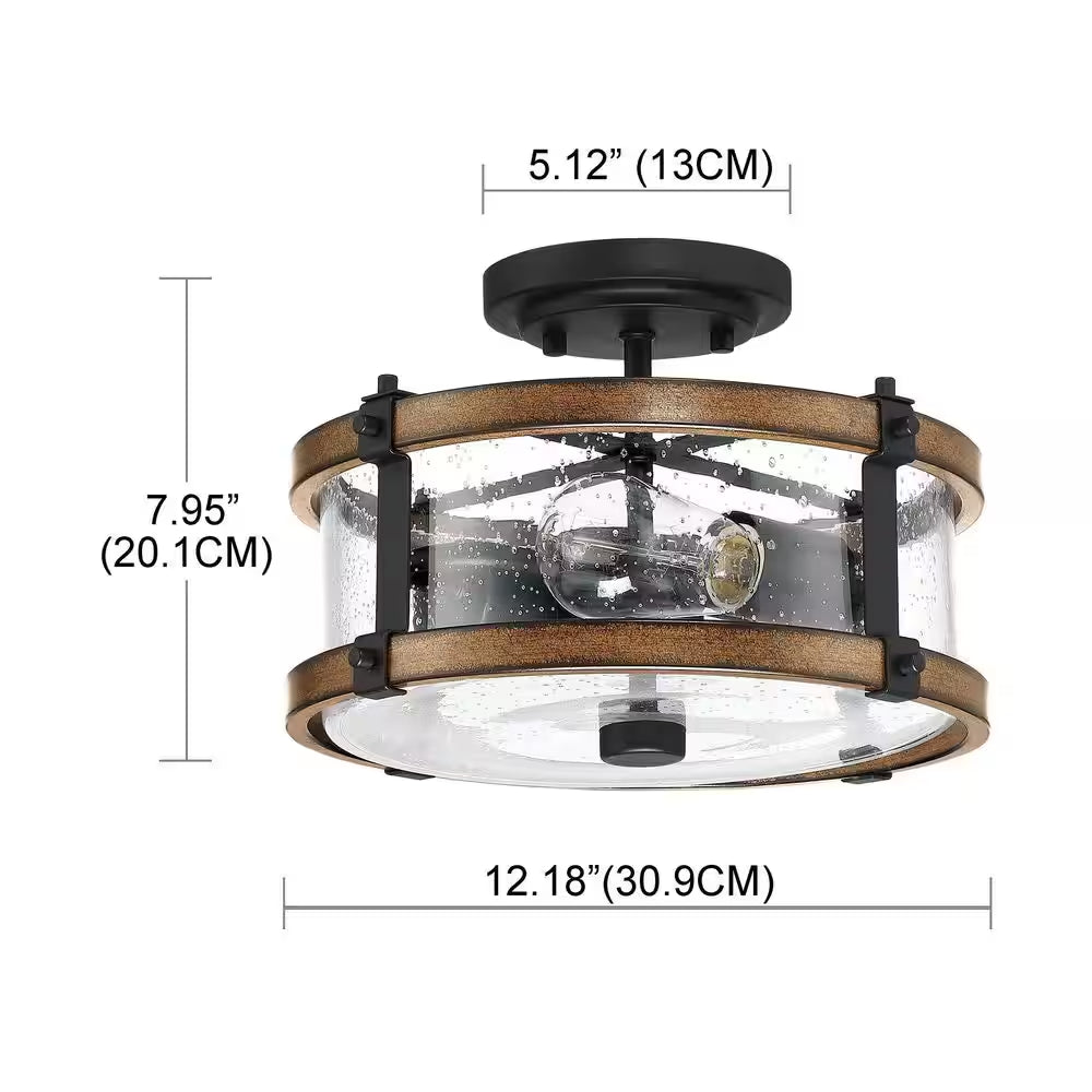 1-Light Vintage Black Brown Farmhouse Rustic Chandelier with Clear Seeded Glass Shade