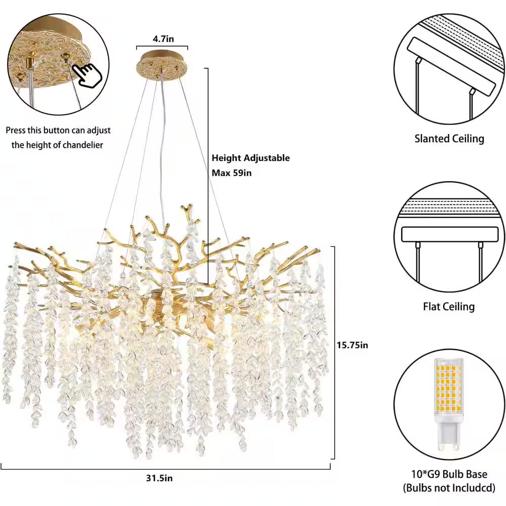 24" 8-Light Modern Crystal Chandelier, Gold Tree Branch round Chandelier for Dining Room, Living Room, Bedroom, Entryway