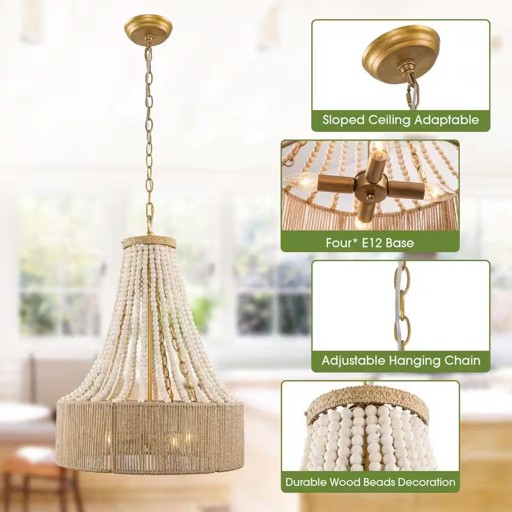 Farmhouse 17.7 In. 4-Light Antique Gold Empire Wood Beaded Chandelier with Jute Rope Shade