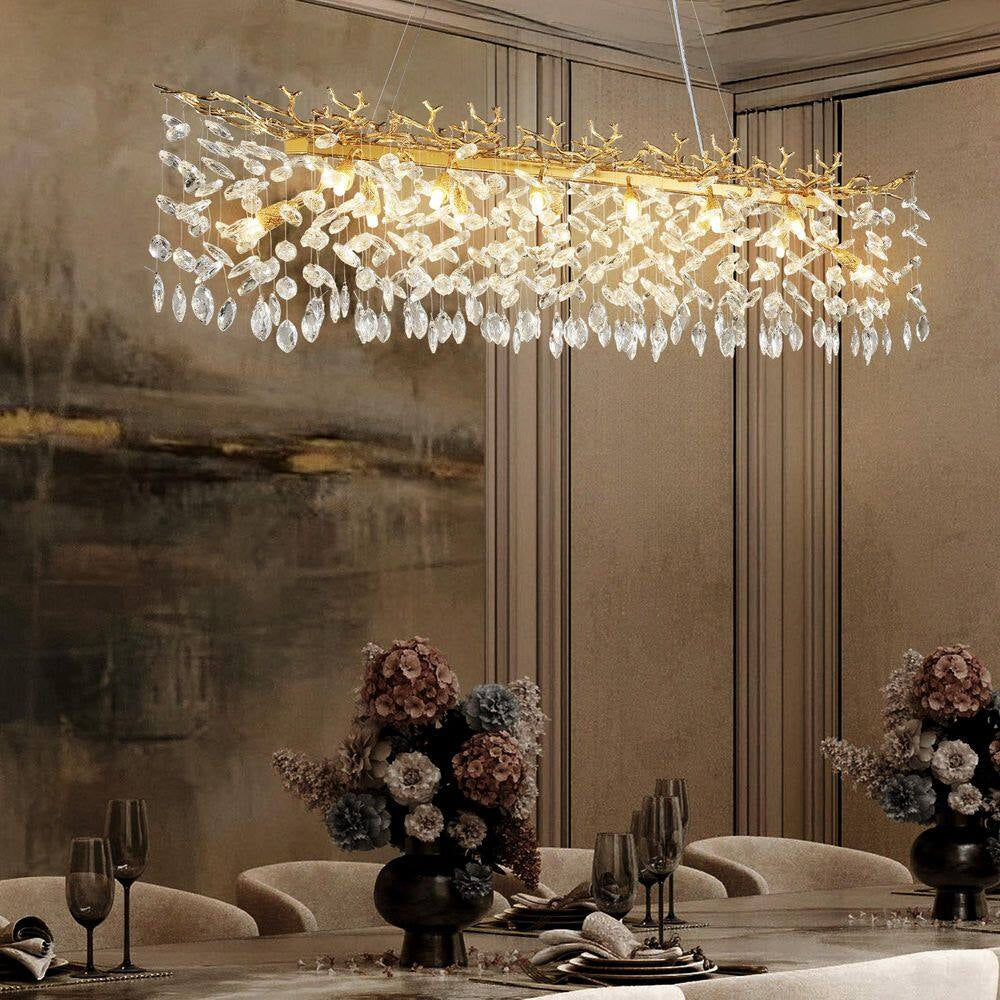 47.2 In. Modern 14-Lights Gold Luxury Crystal Linear Chandelier for Dining Room