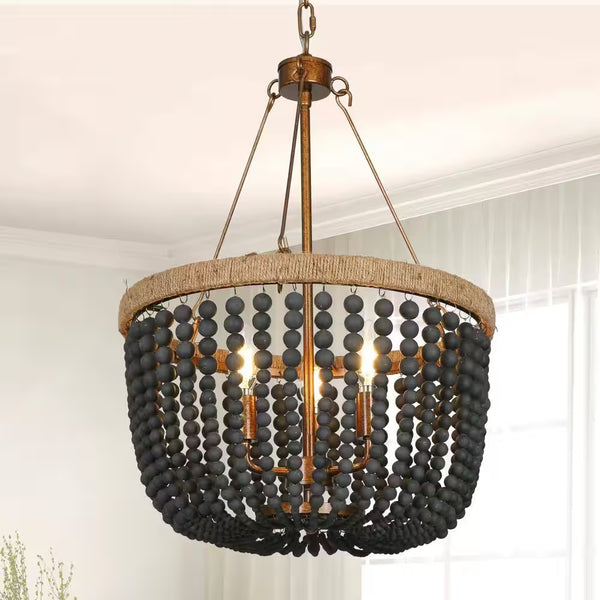 Modern Farmhouse Empire Drum Beaded Chandelier Light, 3-Light Gold Transitional Boho Chandelier with Black Wood Beads