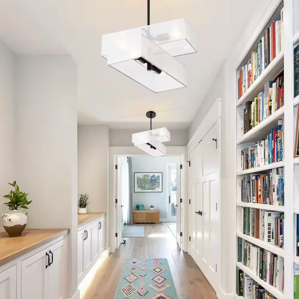 4-Light Modern Farmhouse White Fabric Drum Chandelier for Kitchen Island with No Bulbs Included