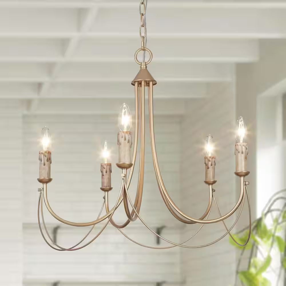 Modern Satin Gold French Country Farmhouse 5-Light Chandelier Vintage Candlestick High Ceiling Light
