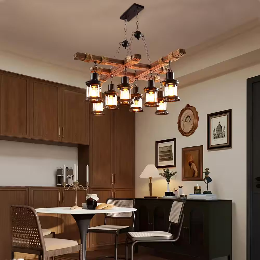 39 In. 8-Light Vintage Industrial Brown Wooden Farmhouse Chandelier