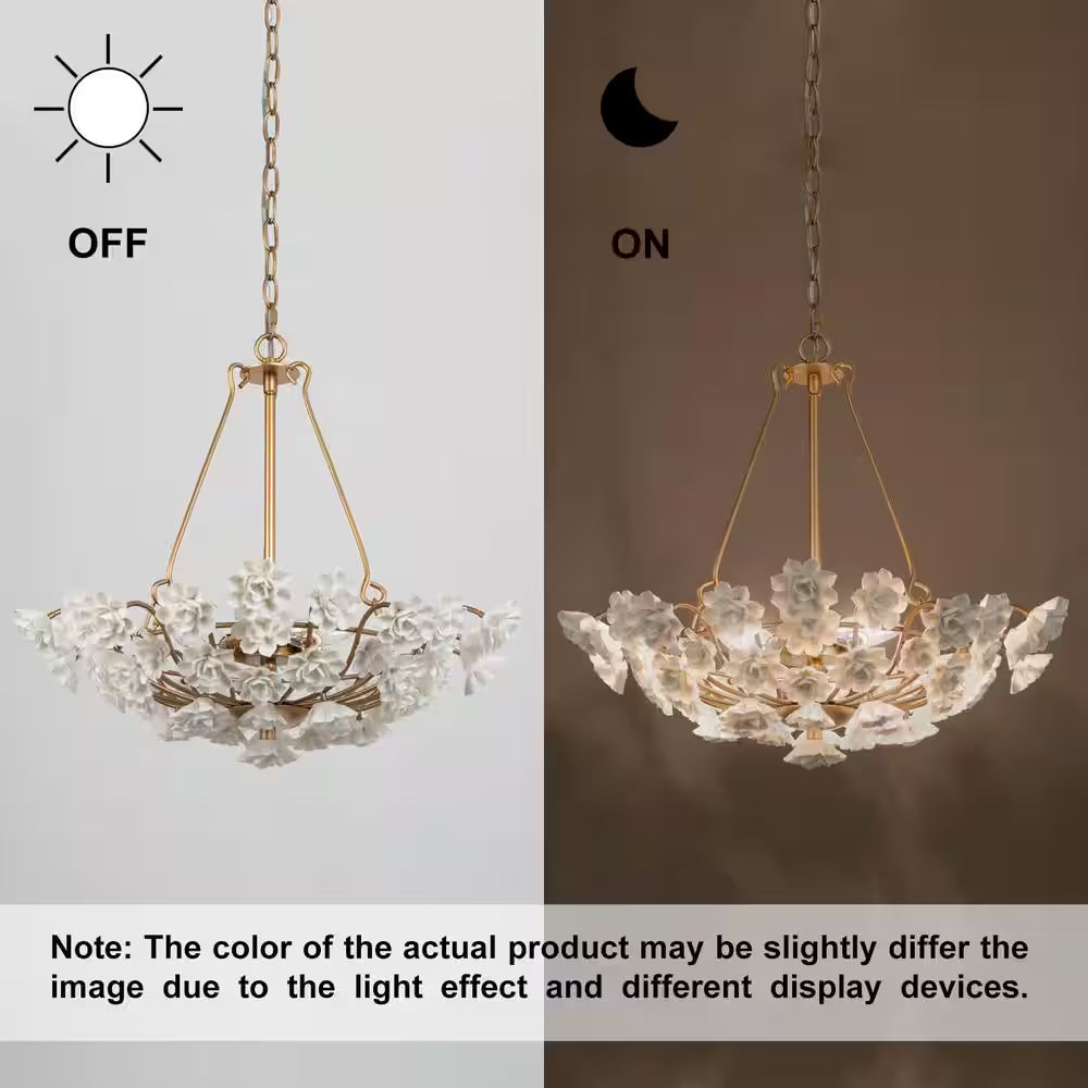 Modern Brass Gold Island Chandelier Light 3-Light round Chandelier Light with Ceramic Flowers