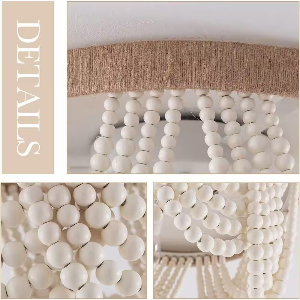 12.6 In. 3-Light Antique Rustic White Flush Mount Bohemia Wood Beaded Ceiling Light Mini Chandelier