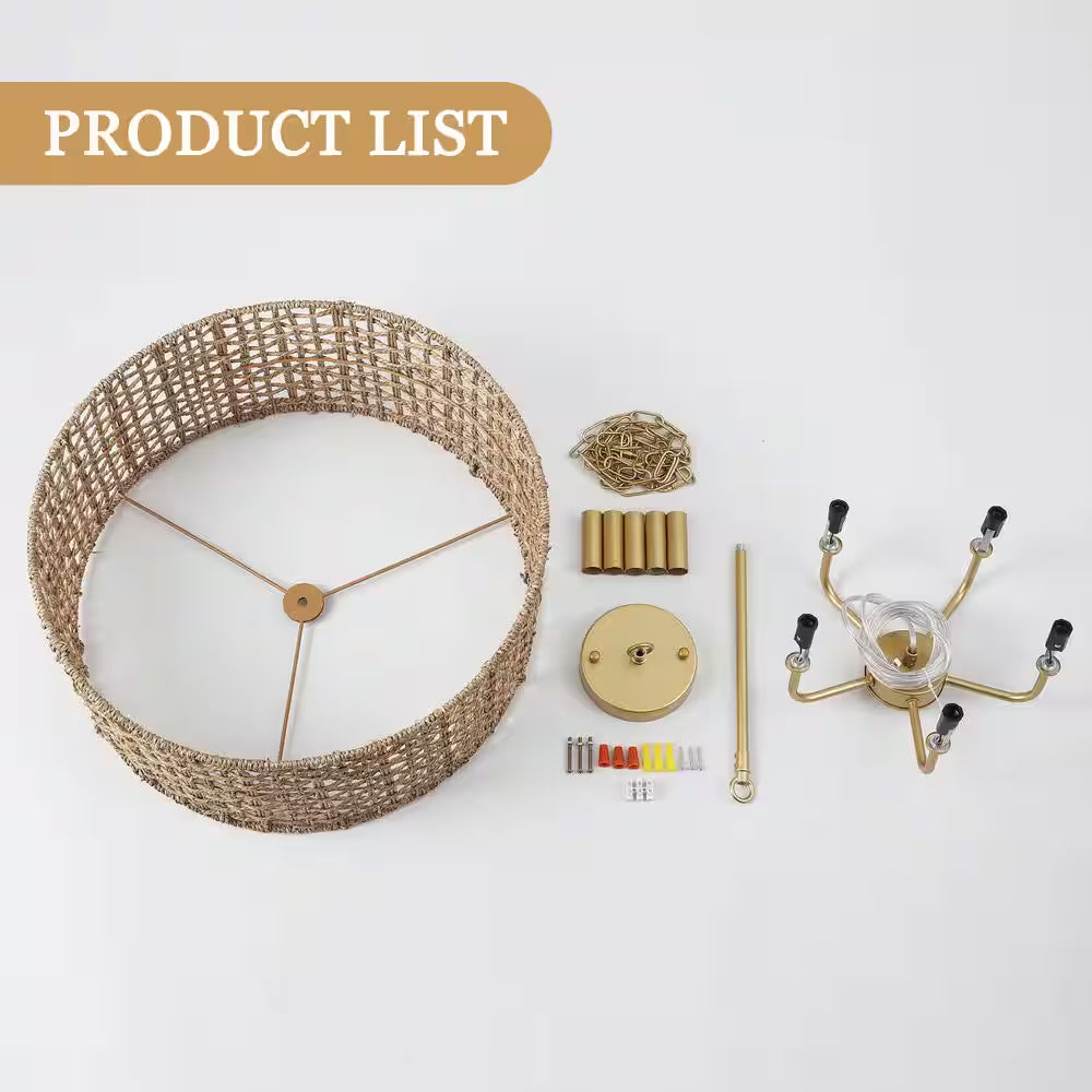 18.89 In. 5-Light Golden Bohemian Pendant Design Drum Chandelier with Natural Rattan Shade and No Bulbs Included