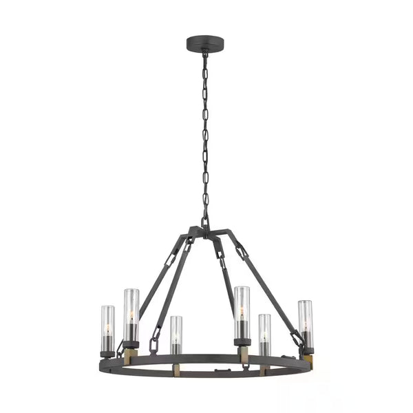 Landen Medium 6-Light Antique Forged Iron Transitional Candlestick Wagon Wheel Outdoor Hanging Chandelier